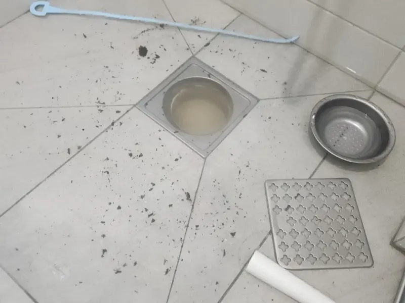 경산 덮개를 들어낸 샤워실 배수구 주변의 머리카락 찌꺼기